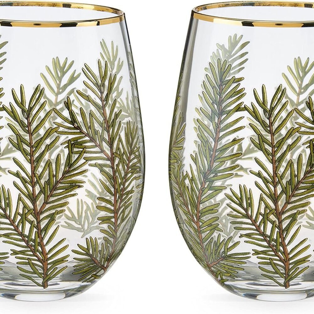Woodland Stemless Wine Glasses, Festive Gold Rim Tumblers, Decorative Barware, 1